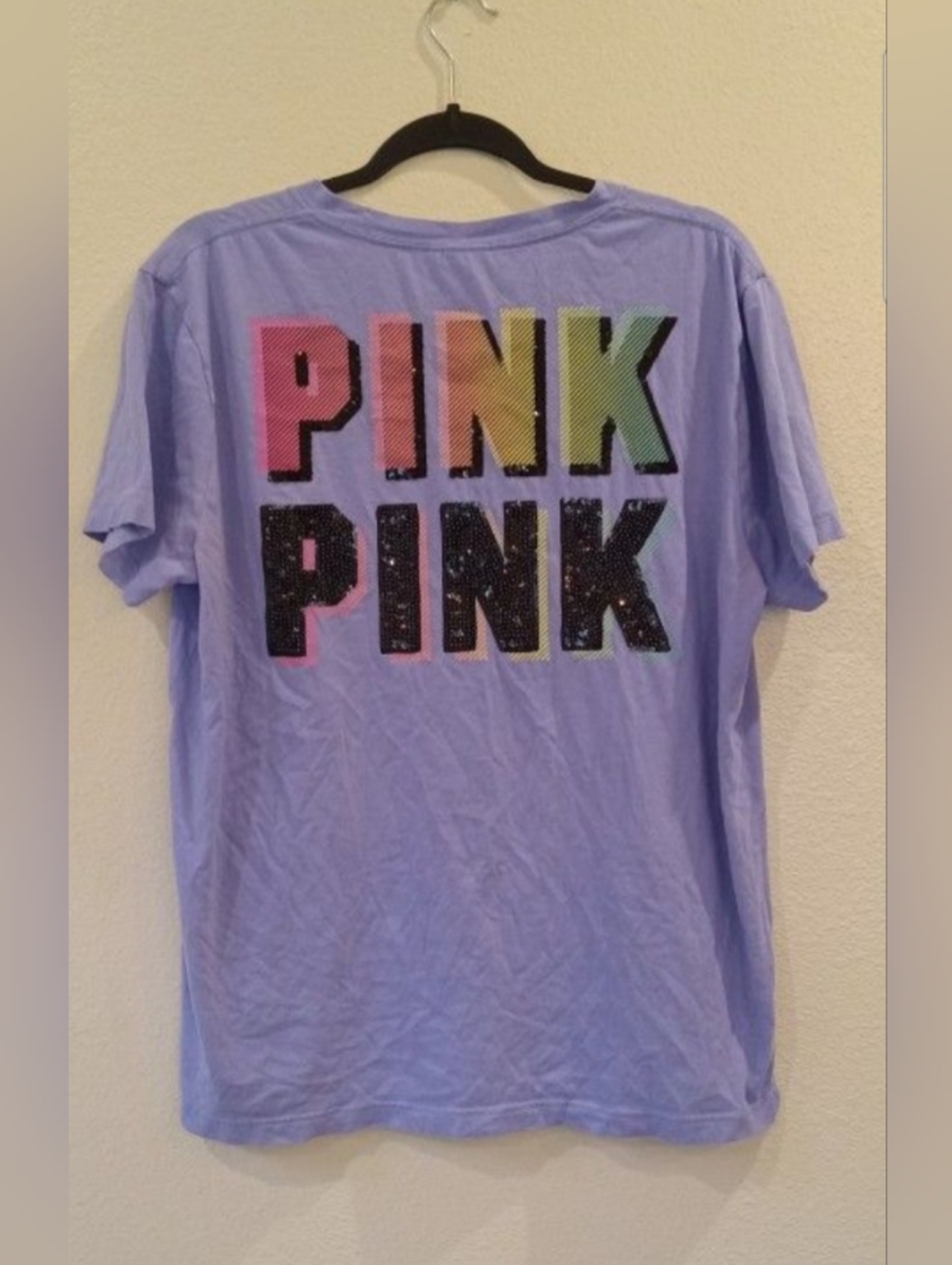 PINK Victoria's Secret Lavender Tee with Rainbow and Black Sparkle Logo